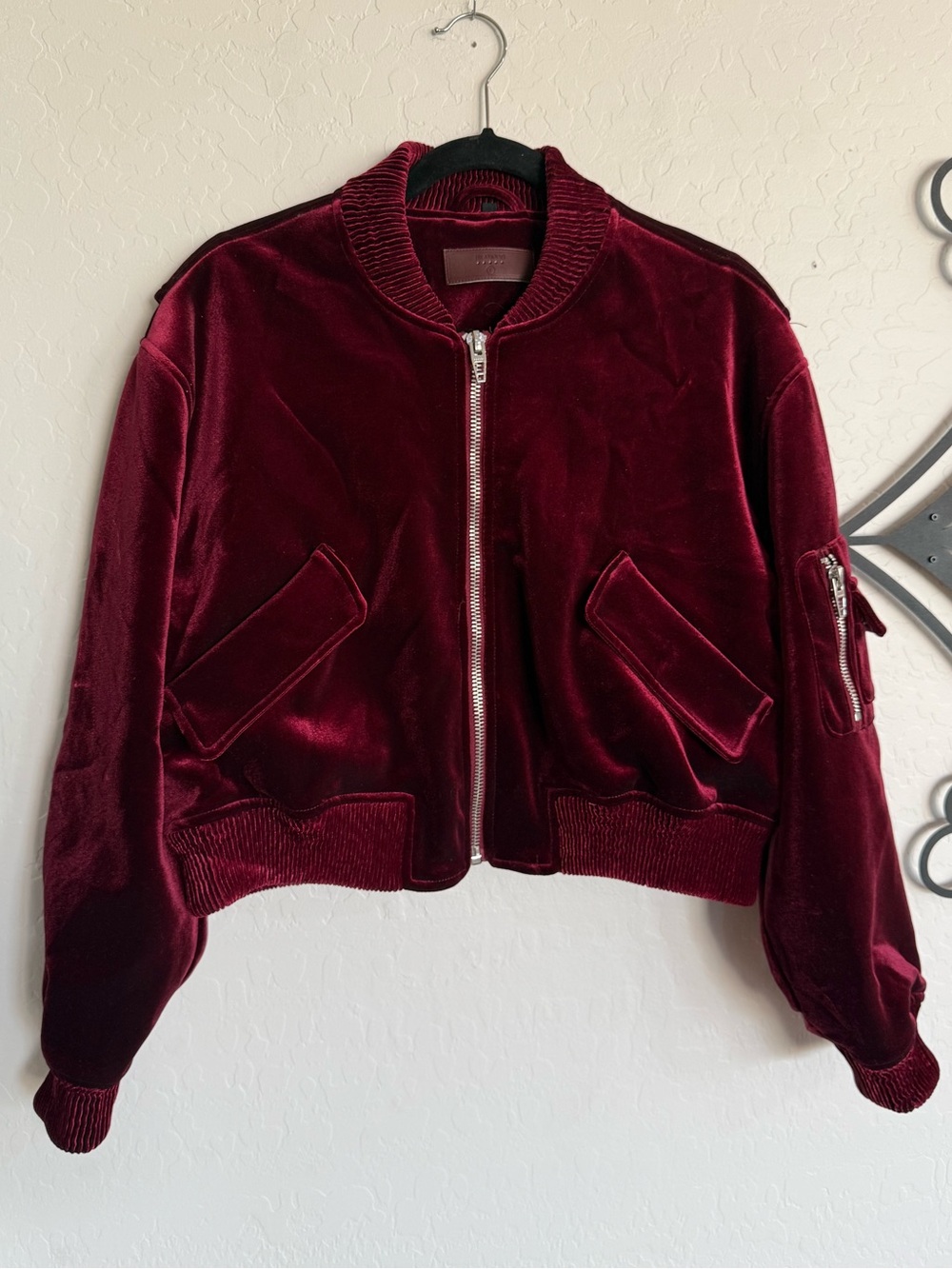 BLANKNYC Velvet Cropped Bomber Jacket Wine Red Large